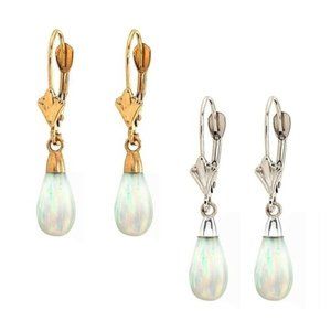 14K Solid Gold Teardrop Shape Dangle Opal Leverback Earring 1.2" 14k White Gold